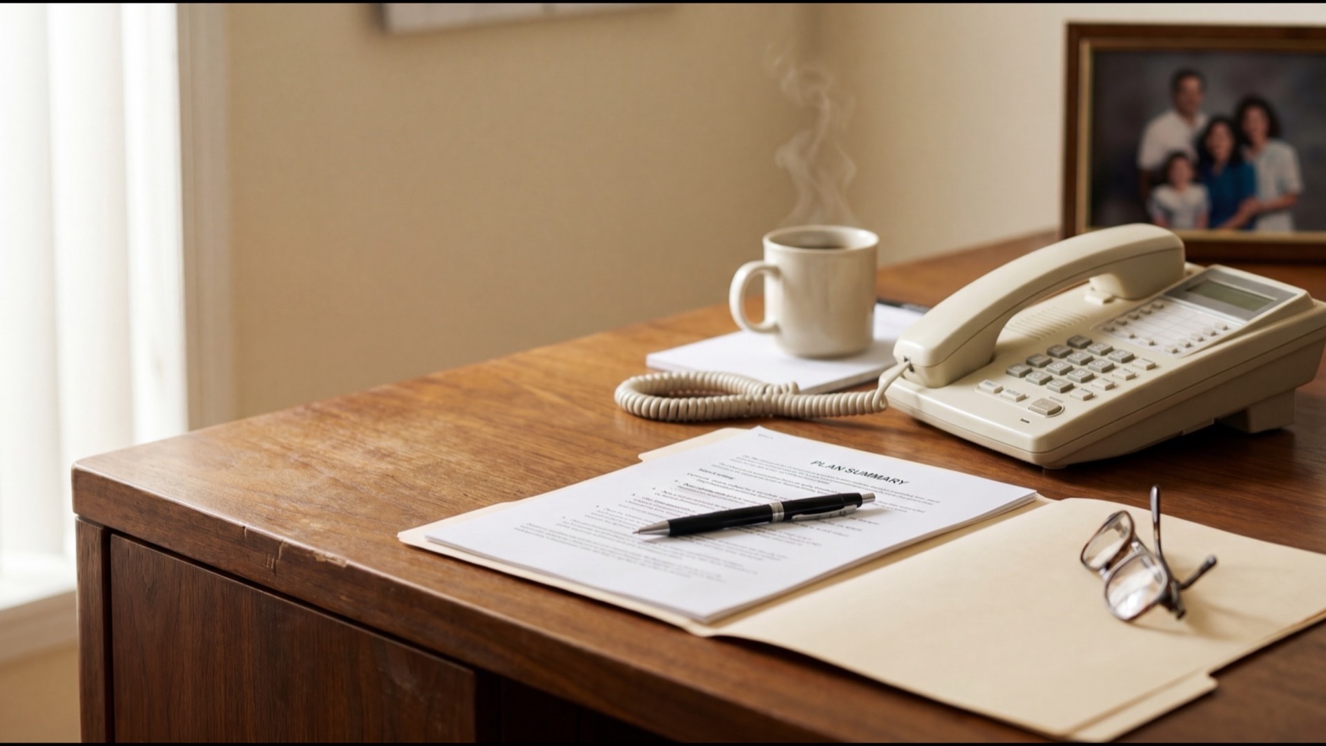 An insurance agent's desk with an open folder, a pen, and a lifted telephone receiver in late afternoon light.