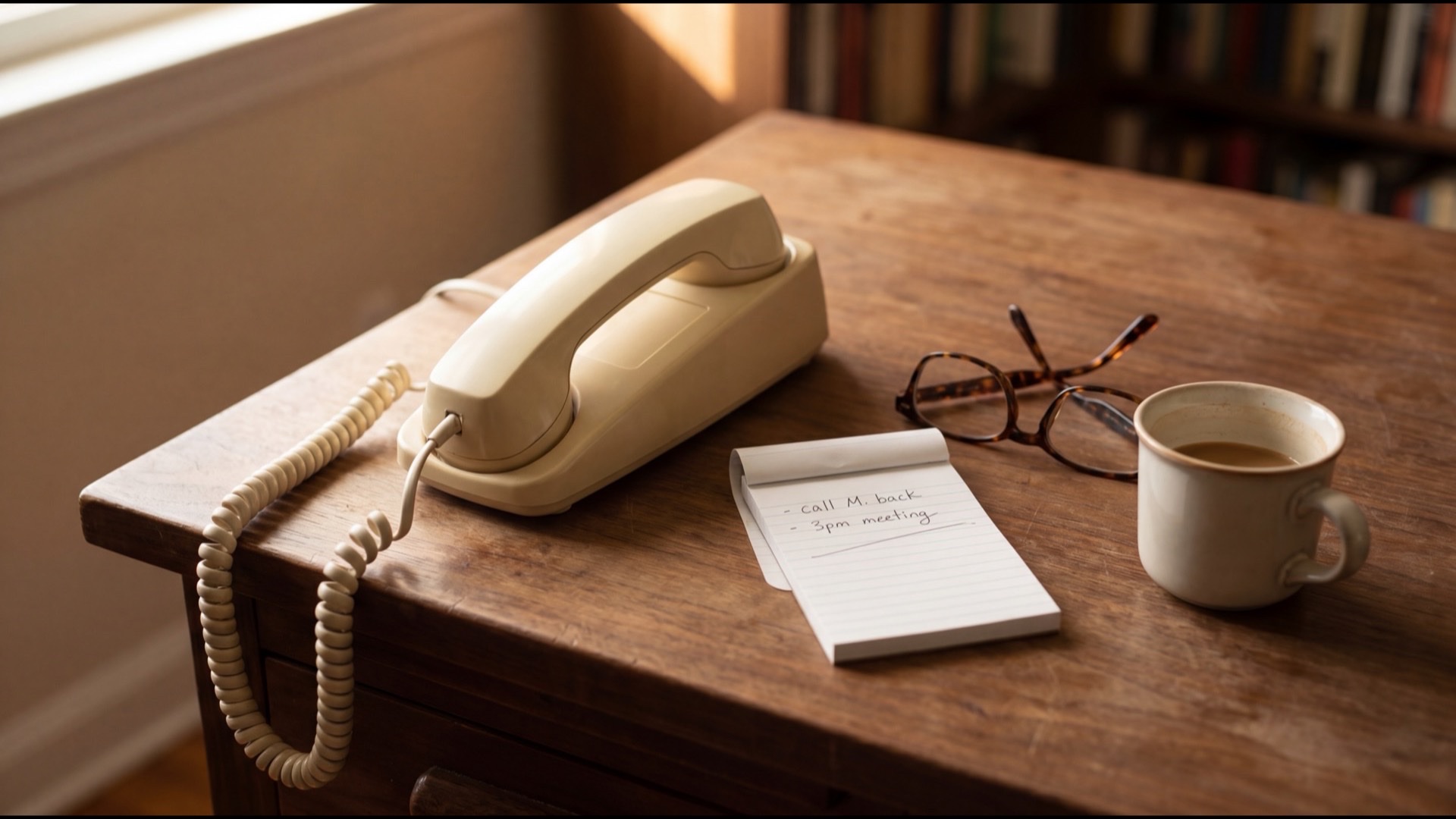 A landline telephone receiver lifted off its cradle and resting on a desk, the cord curling off the edge.