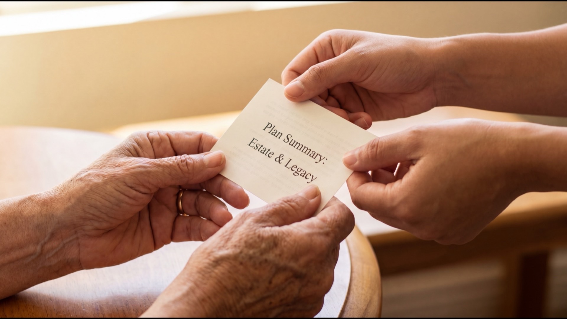 An older hand and a younger hand holding the same printed plan summary card.